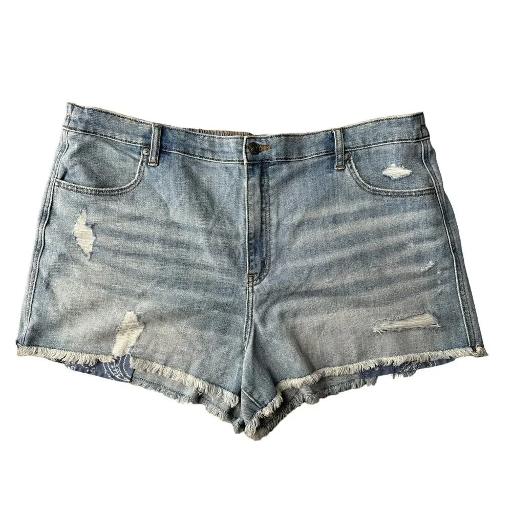 Aerie Women's Blue Bandana Distressed Cut-Off Daydream Denim Short XXL NEW - Picture 2 of 6